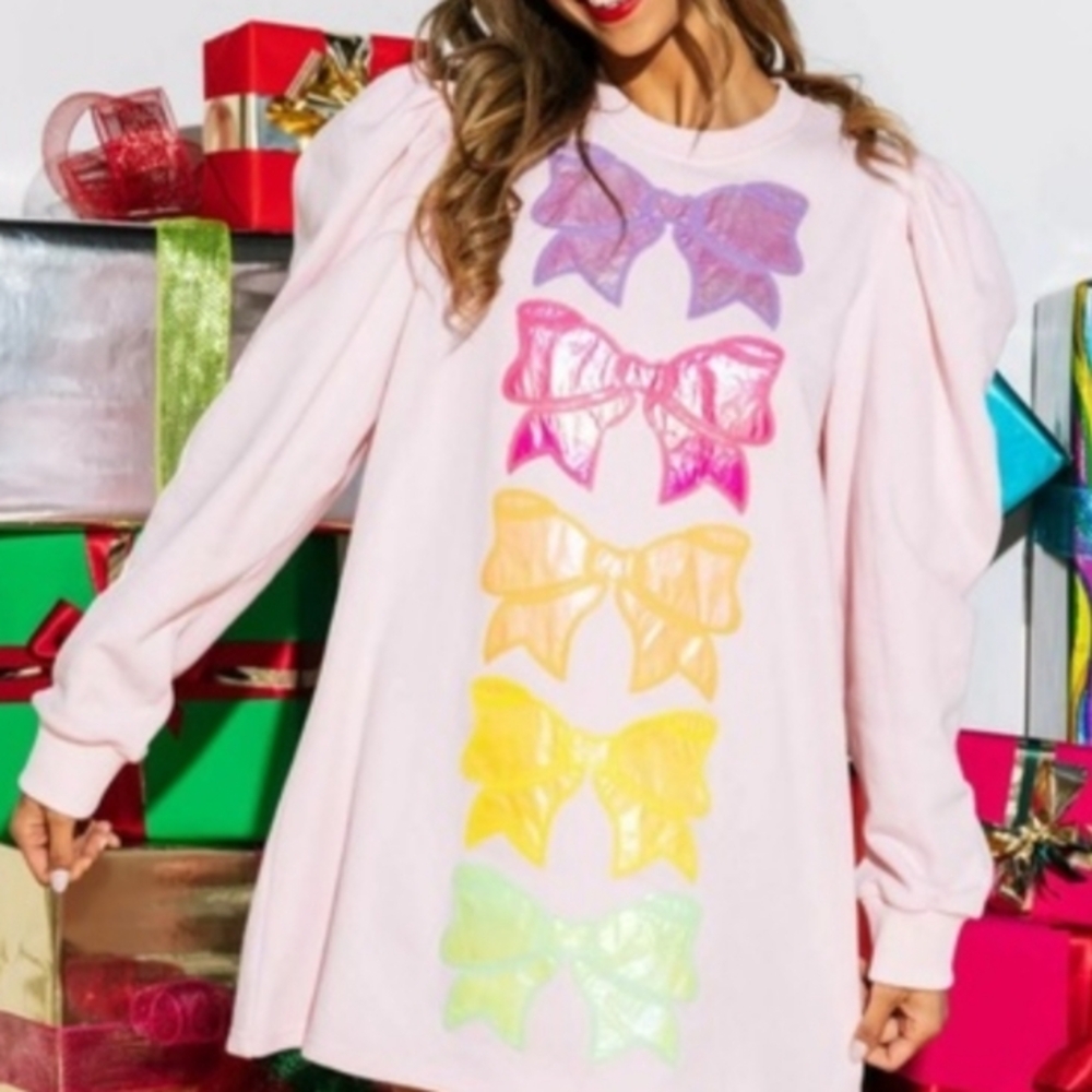 Iso Queen of Sparkles pale pink metallic multi-color sequin bow sweatshirt dres